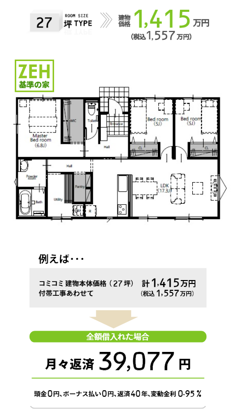 平屋建て 27坪タイプ支払い例：月々返済39077円