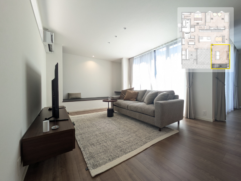 ヌックとつながる明るいリビング。リビング＆ヌックスペースが、家族みんなの憩いの場に！