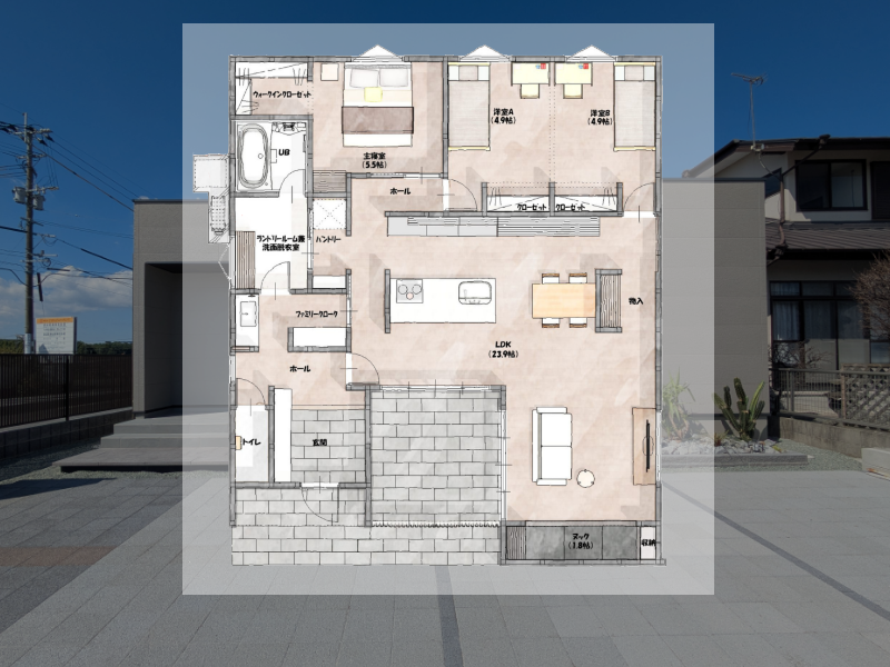 合志市豊岡モデルハウスの間取り図です。30坪3LDK＋ヌック
